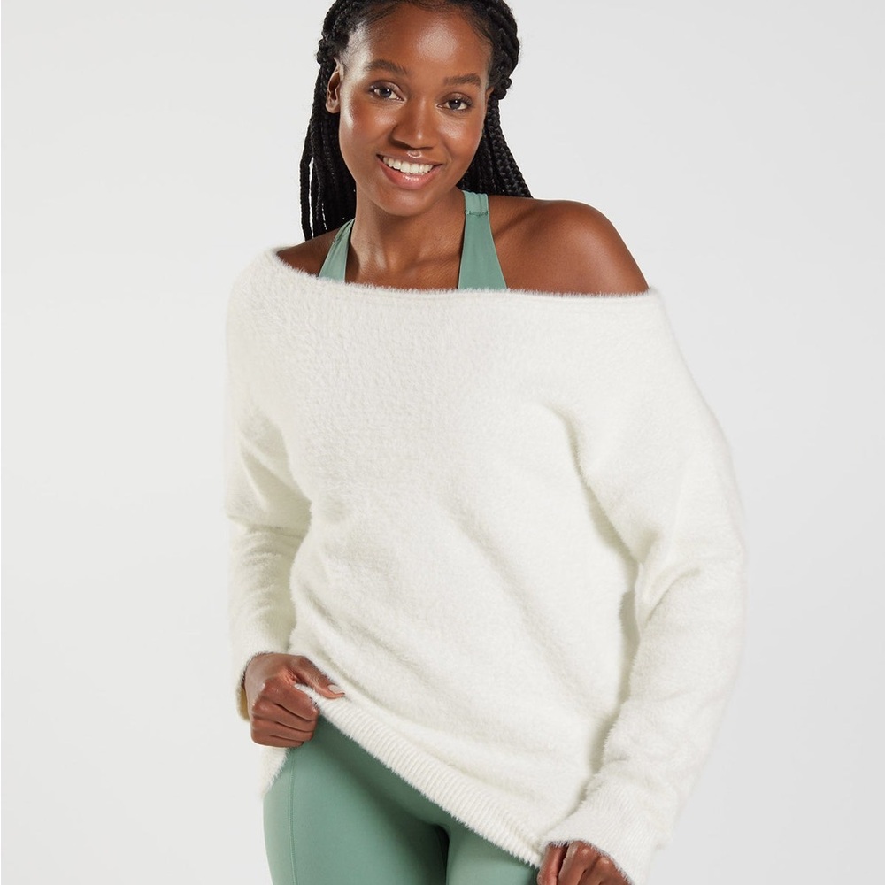Gymshark Off-the-Shoulder Fuzzy Sweater in White